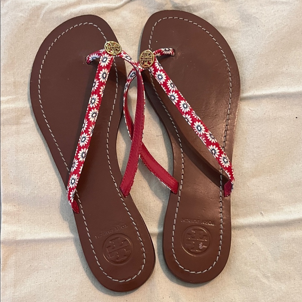 Tory Burch Red and White Floral Sandals